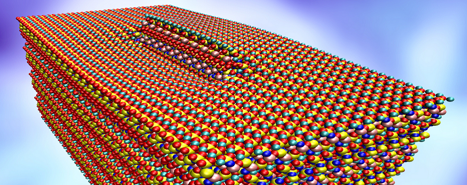 A screw dislocation disrupts the regular rows of atoms in tobermorite. (Credit: Multiscale Materials Laboratory/Rice University)
