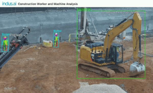 A construction site including workers and machines viewed through AI software