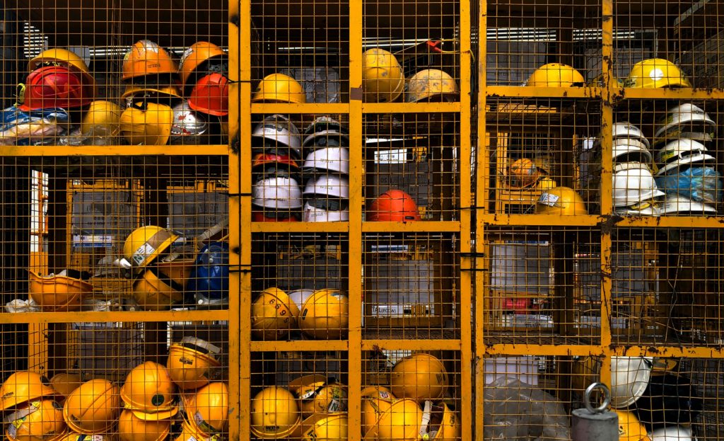 construction hardhats in storage