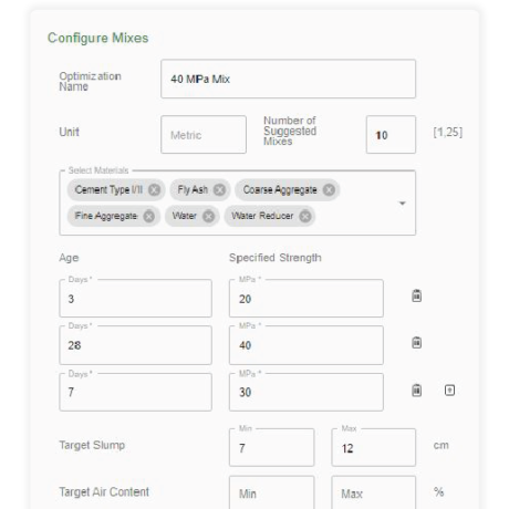 Giatec SmartMix: Configure Mixes Screen