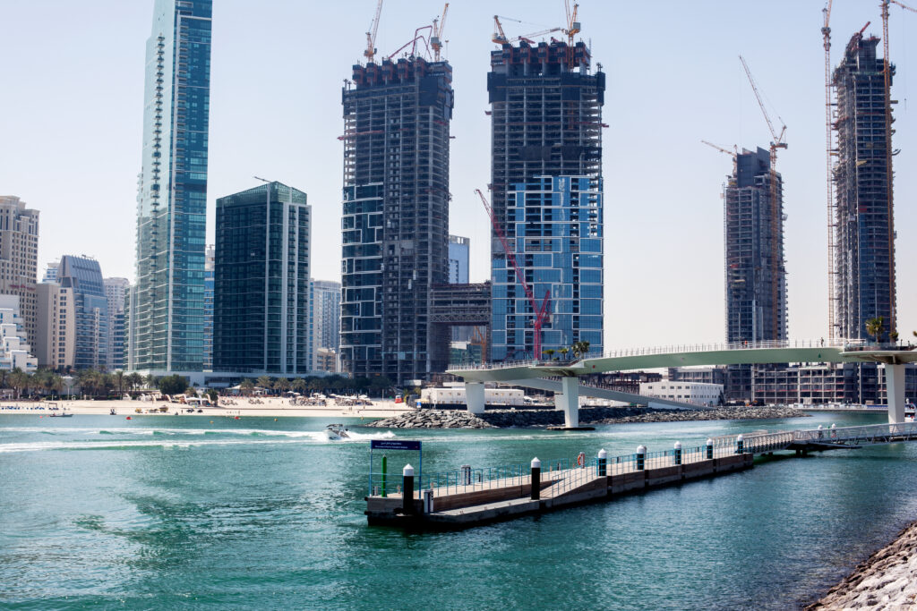 Dubai, UAE, April 2019 The construction of high-rise buildings in Dubai. View from the Blue Water Island