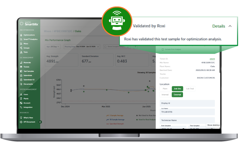 Roxi AI integration with SmartMix software analyzing concrete mix proportions and cement optimization image