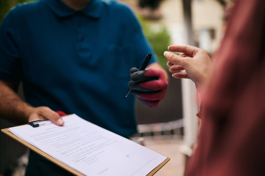 Close up of handyman offering his client a home repair contract to sign.