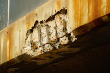 Corrosion damage on a concrete bridge on a busy thoroughfare in Frankfurt.