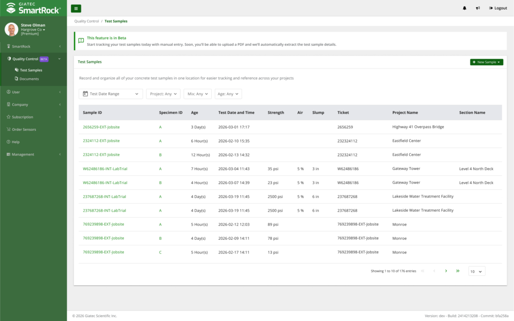 Test Samples - SmartRock Web - Dashboard View